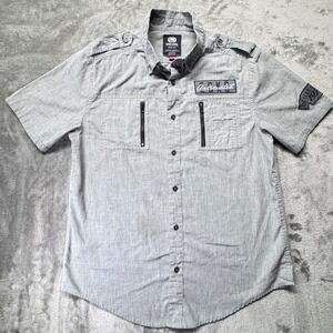 Ecko Unltd Button Down L Shirt Short Sleeve Gray Zipper Pocket
